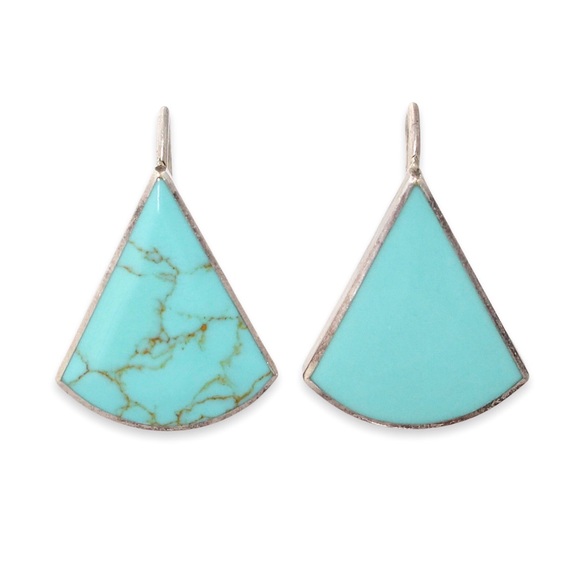 Synthetic Turquoise Sterling Silver Drop Earrings Large Triangle Fan Shape